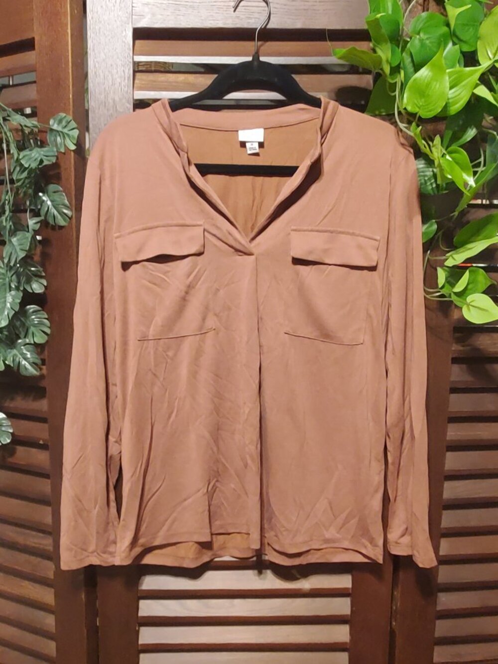 Rust Split-Neck Utility Popover Blouse